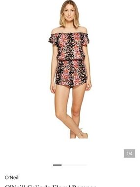 O'Neill Black Floral Off-Shoulder Romper with Pink Blooms